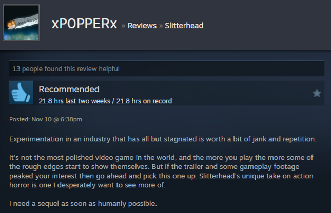 Screenshot showing a Steam user review of Slitterhead.